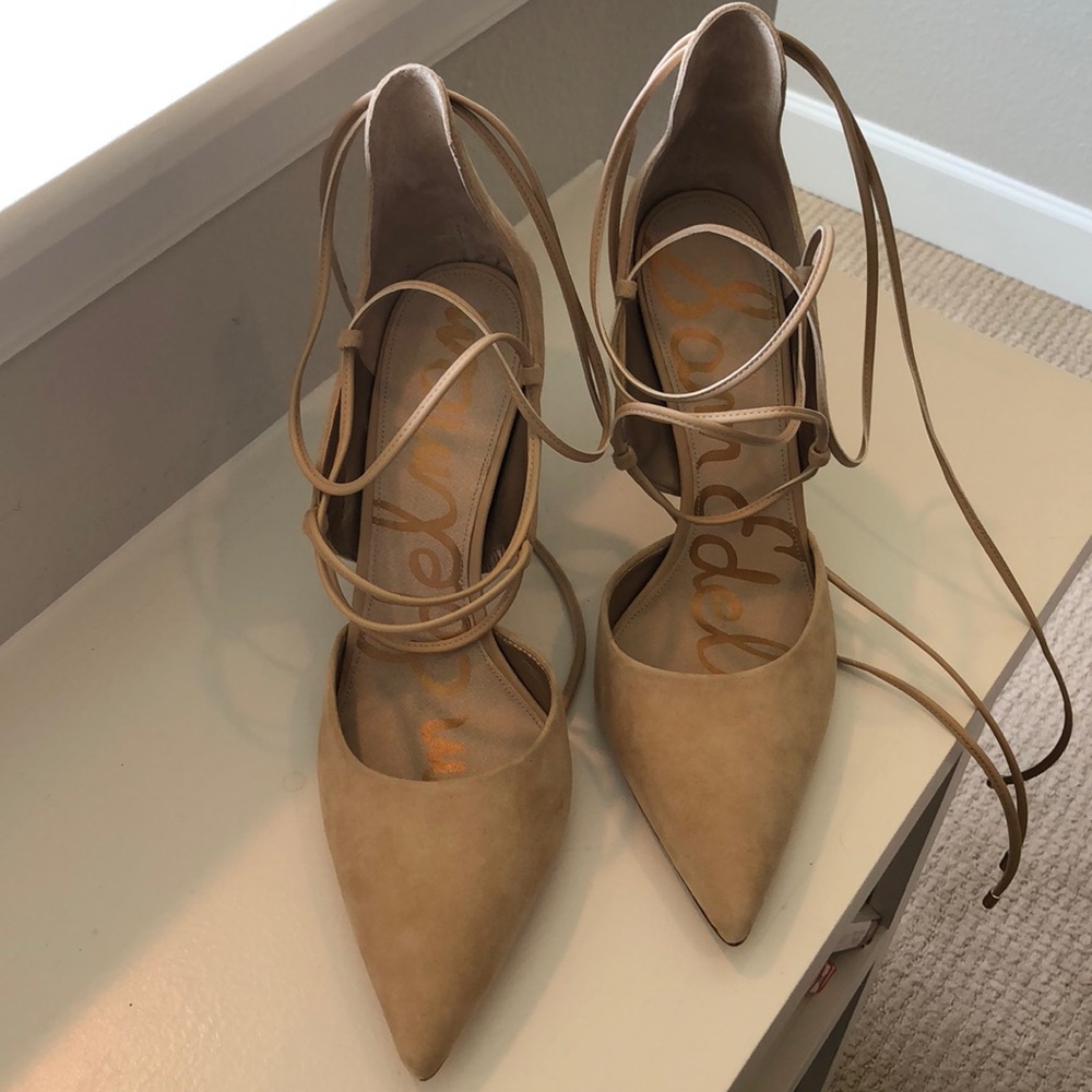 Lace up nude suede heels